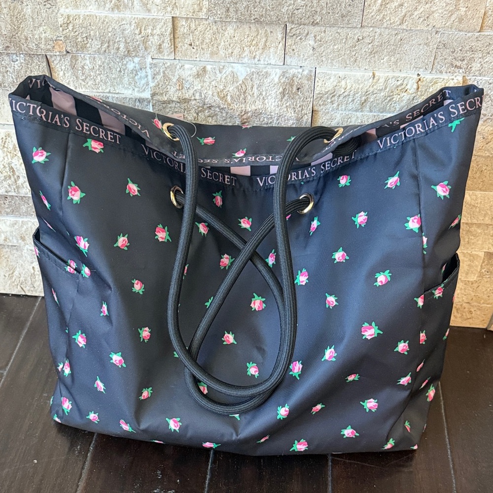 Victoria's Secret Black Tote with Pink Floral Accents